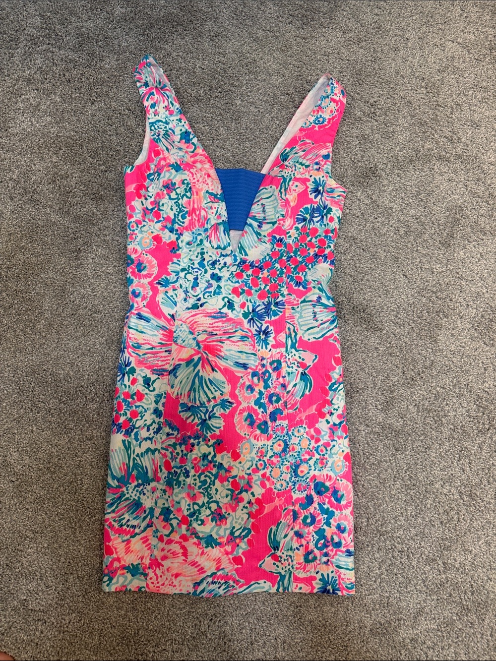Lilly Pulitzer Pink Floral V-Neck Mini Dress with Blue Accents